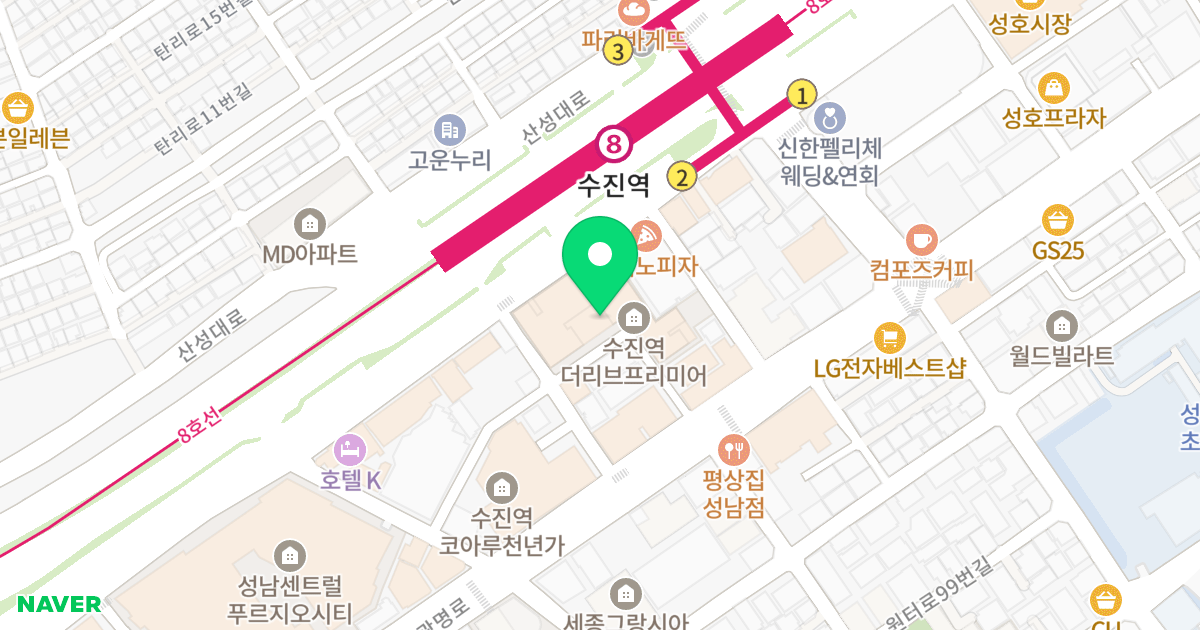 성남 수진역 더리브 프리미어 위치 지도 - 경기도 성남시 중원구 산성대로 194
