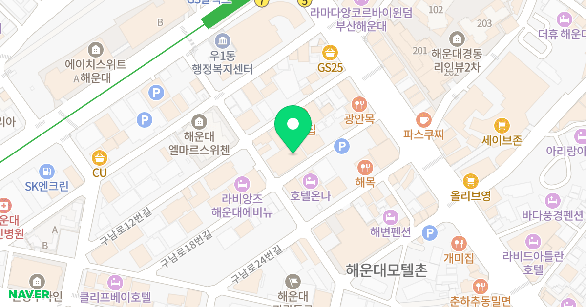 해운대비치오피스텔 위치 지도 - 부산광역시 해운대구 구남로18번길 24