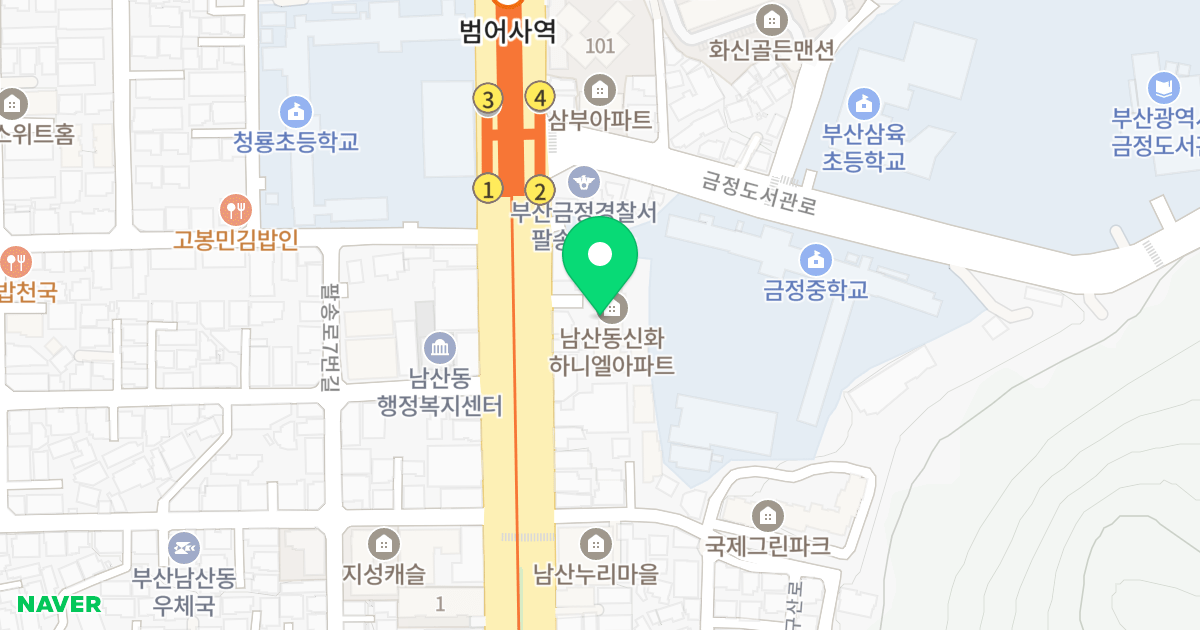 남산동 신화 하니엘 위치 지도 - 부산광역시 금정구 중앙대로 2100-1