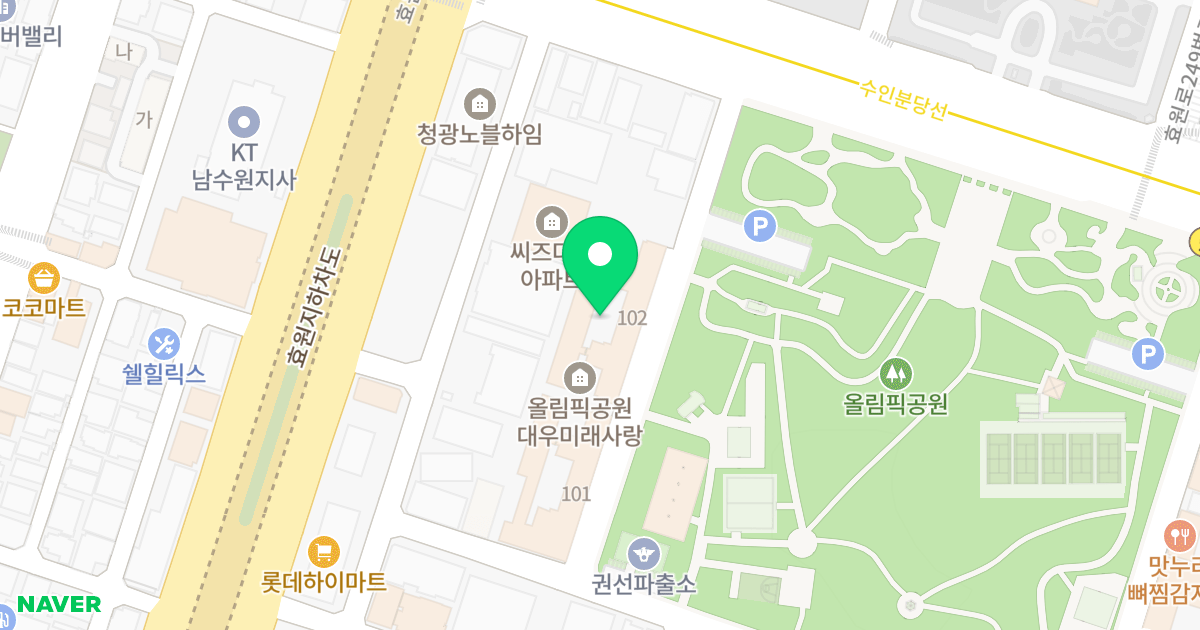 올림픽공원대우미래사랑102동 위치 지도 - 경기도 수원시 권선구 효원로230번길 24